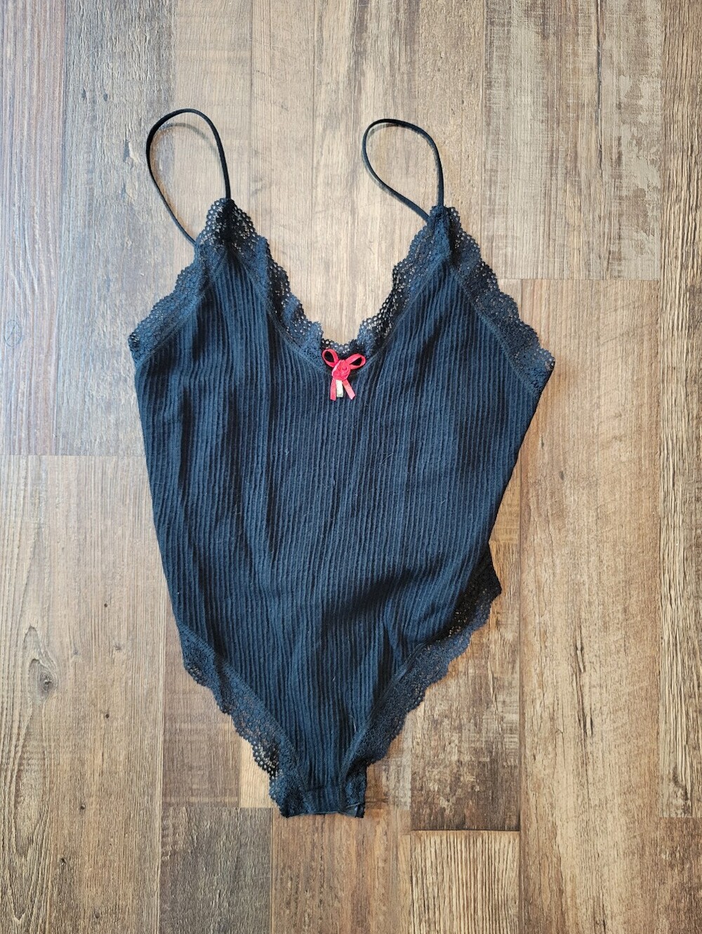 UO Out From Under Black Ribbed Knit Lace Trim Cami Bodysuit